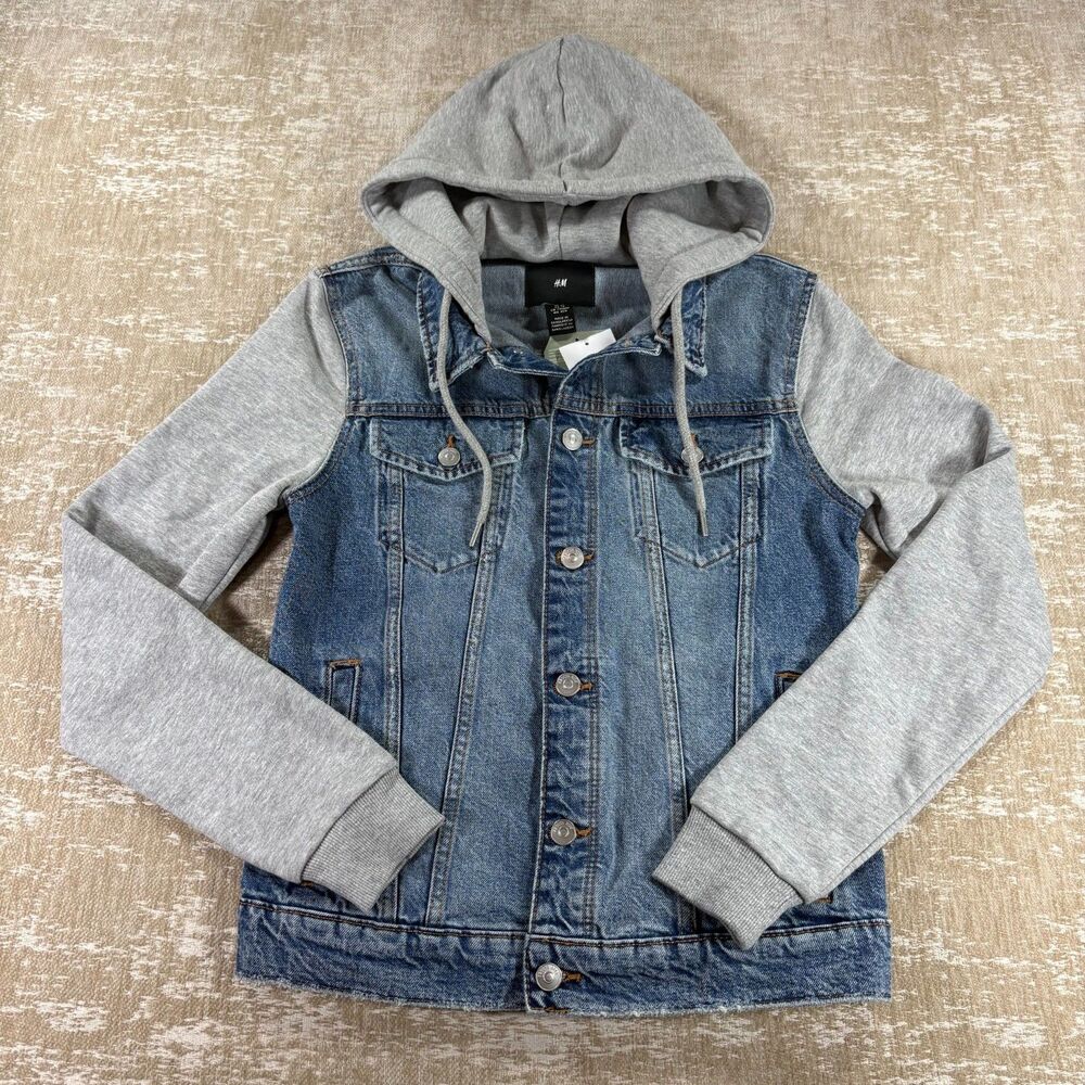 H&M Hooded Denim Jacket Combo Blue Jean Gray Sleeves XS New
